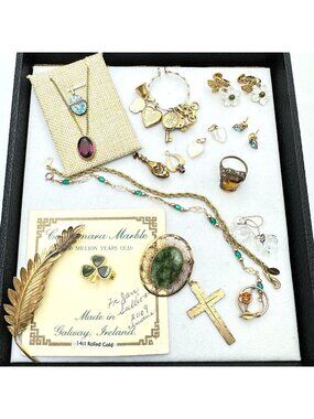 Antique Vintage Jewelry Lot Gold Filled 50 Grams Irish Connemara Marble and more